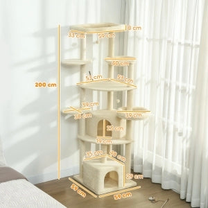 Tiragraffi per Gatti Multi-Livello con Amaca e Cucce; Altezza 200 cm; Beige