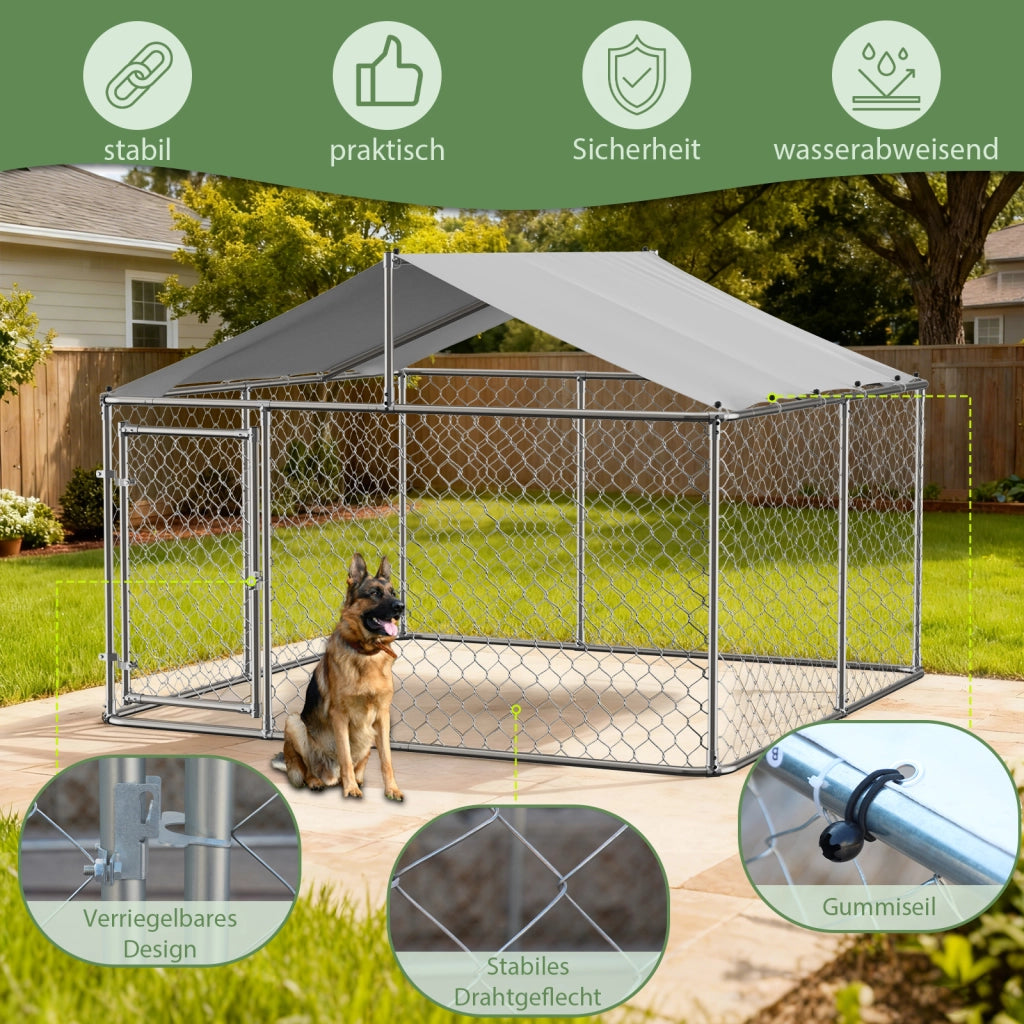Recinto per cani con tetto in acciaio zincato argento porta con chiusura per giardino 230 × 230 × 117 cm
