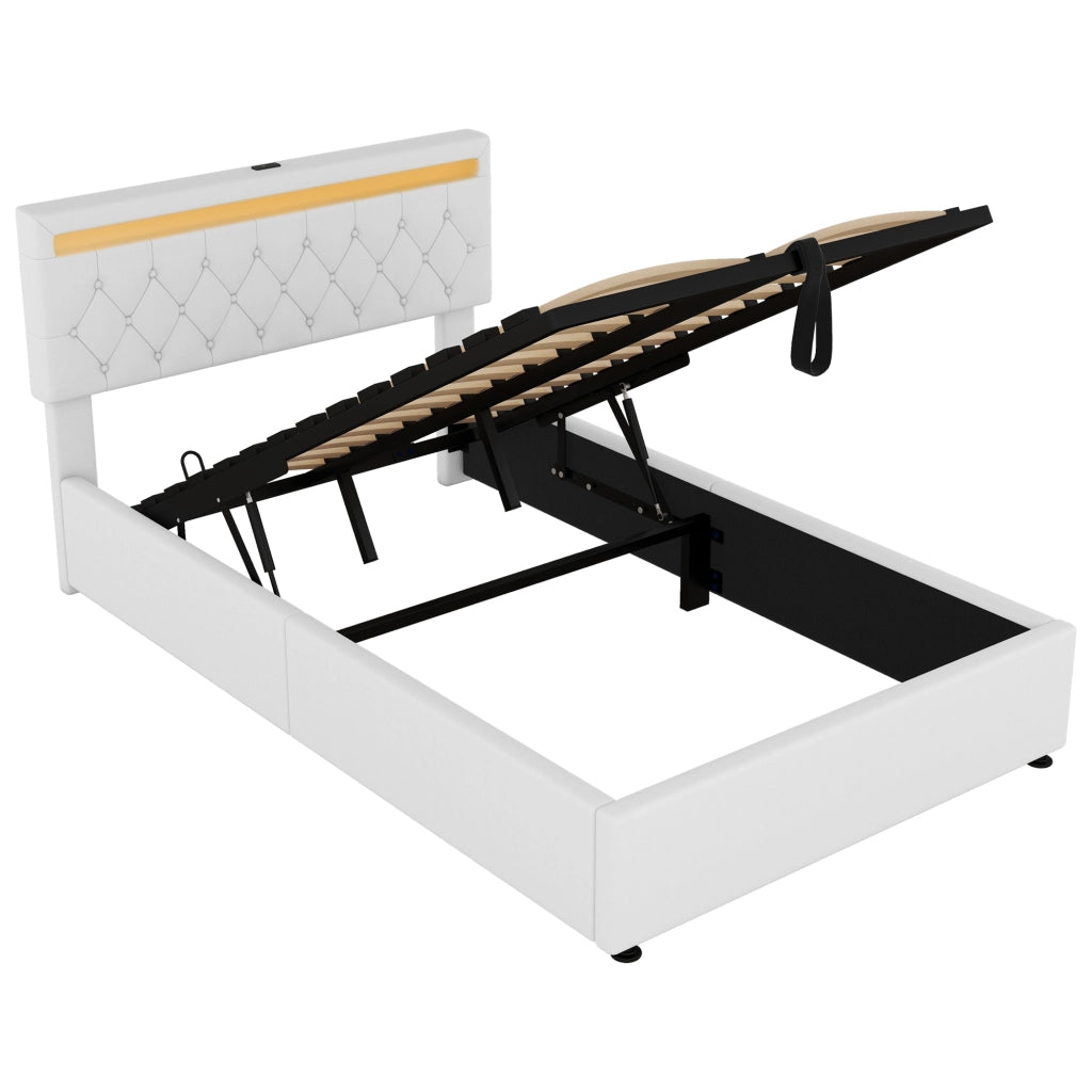 Letto per adulti imbottito 140x200 cm con vano contenitore idraulico; LED; USB e Type-C; lino bianco