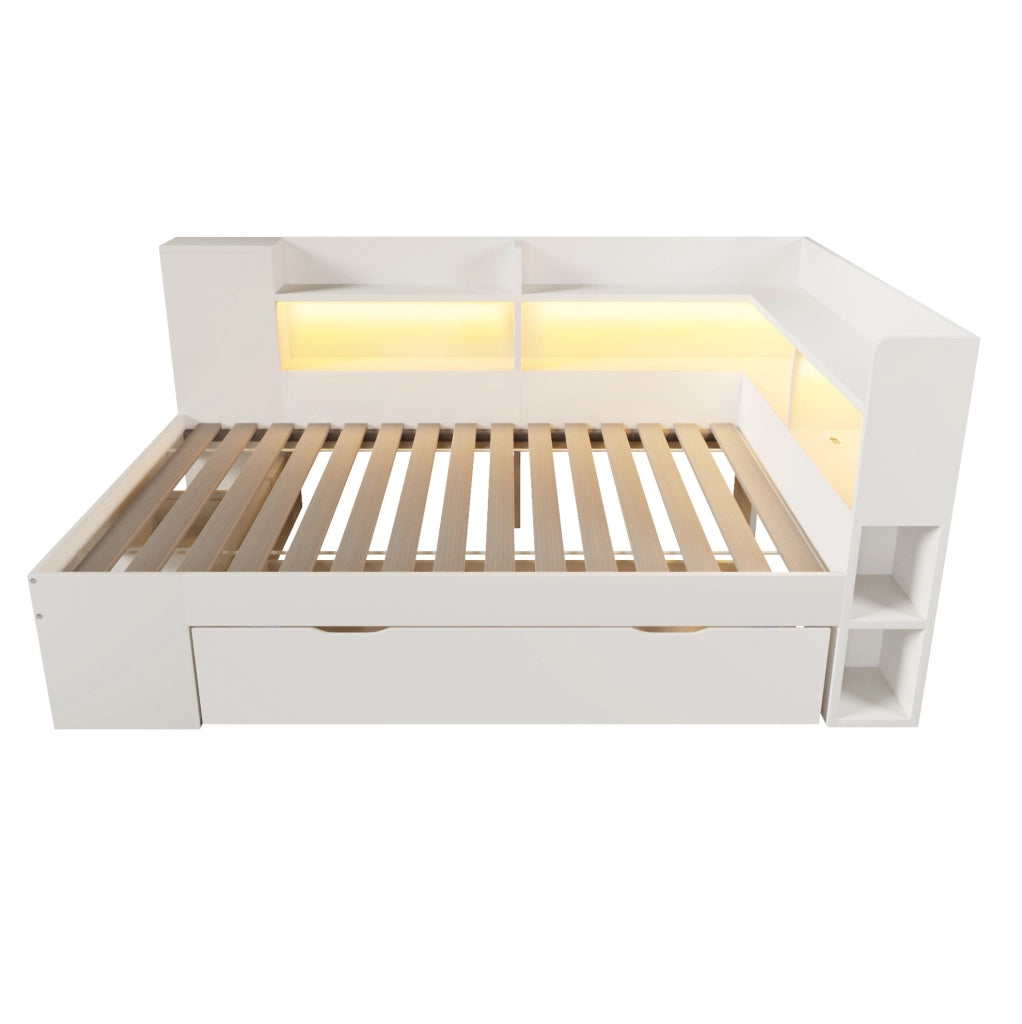 Letto da giorno 90x200 cm in MDF, truciolare e compensato bianco con LED, USB e cassetti