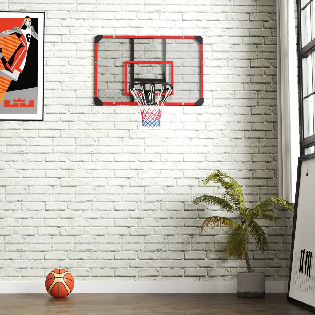 Canestro da Basket con Tabellone e Rete, Montaggio a Parete per Esterni, Acciaio, 113 x 61 x 73 cm, Rosso
