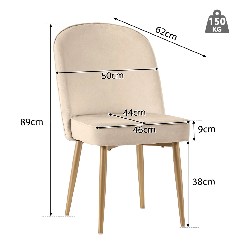 Sedia da pranzo beige in velluto con gambe in metallo dorato
