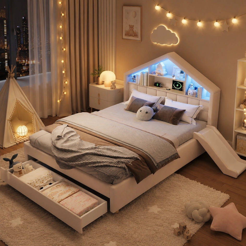 Letto per bambini 140x200 cm con scivolo; imbottito in velluto beige; testiera a casetta e cassetto per cameretta
