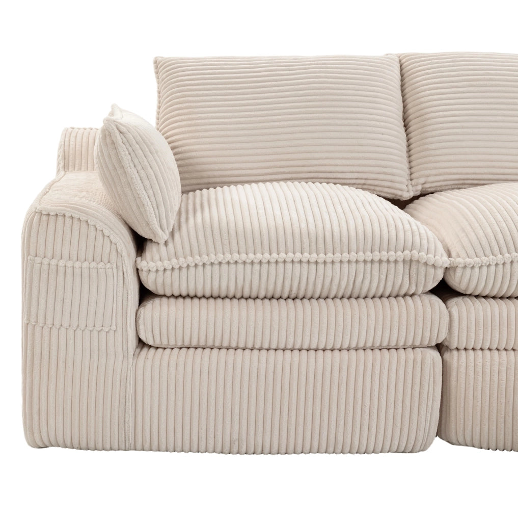 Divano 2 posti in velluto a coste beige con tasche laterali e cuscini