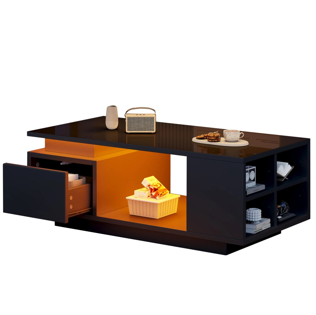 Tavolino da caffè 100x50 cm nero lucido con LED; cassetto e vani laterali HOMVRA
