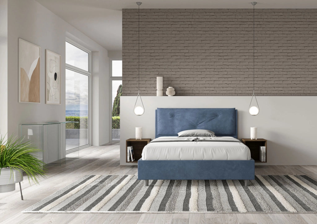 BS COM Letto matrimoniale francese con rete imbottito 140x190 microfibra blu Large