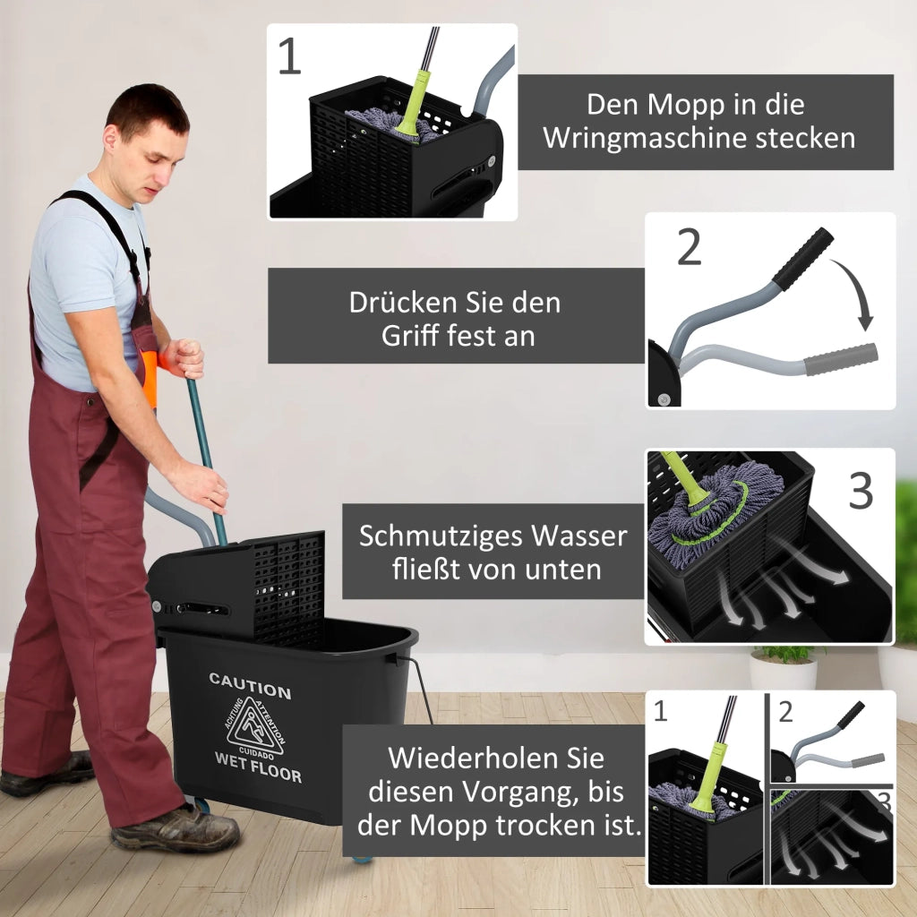 Carrello per le pulizie con secchio da 20 L, pressa e 2 scomparti, nero