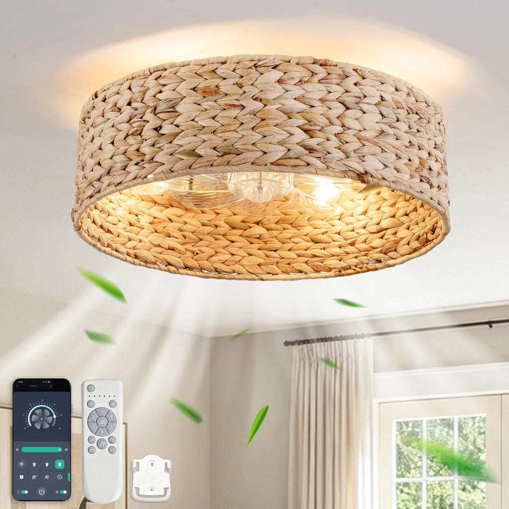 Ventilatore a soffitto 19 pollici con paralume in rattan intrecciato, pale in ABS, controllo doppio tramite app e telecomando, 6 velocità, ideale per camere piccole dallo stile rustico minimalista