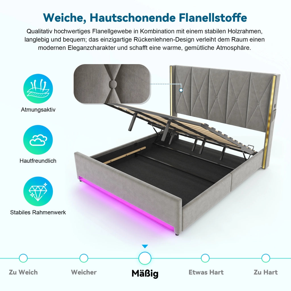 Letto matrimoniale contenitore 180x200 cm in velluto grigio scuro con testiera alta, USB, Type-C e LED