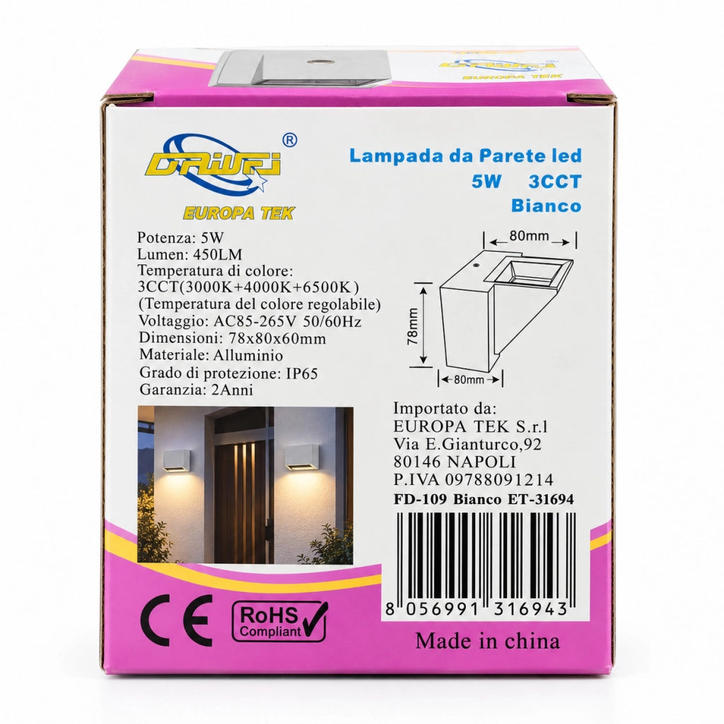 APPLIQUE LED 5W ESTERNO LAMPADA PARETE BIANCA IP65 3000K 4000K 6000K ET-31694