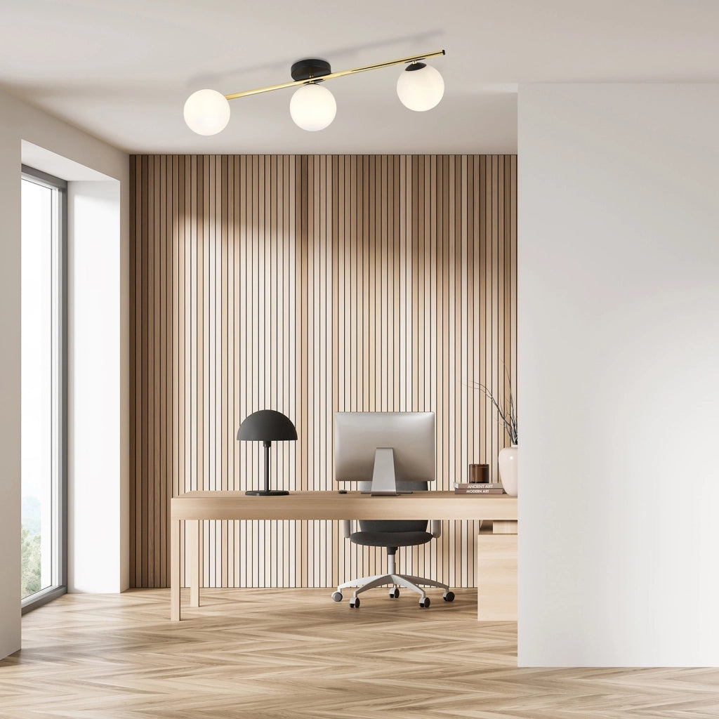 Plafoniera Contemporanea 3 Luci Nü Kua Acciaio Oro/Nero Sfervetro Bianco