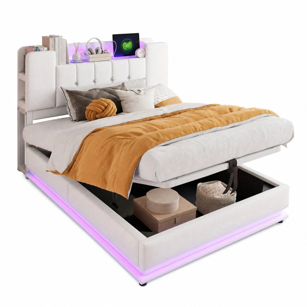 Letto imbottito per bambini con LED, USB e vano contenitore idraulico