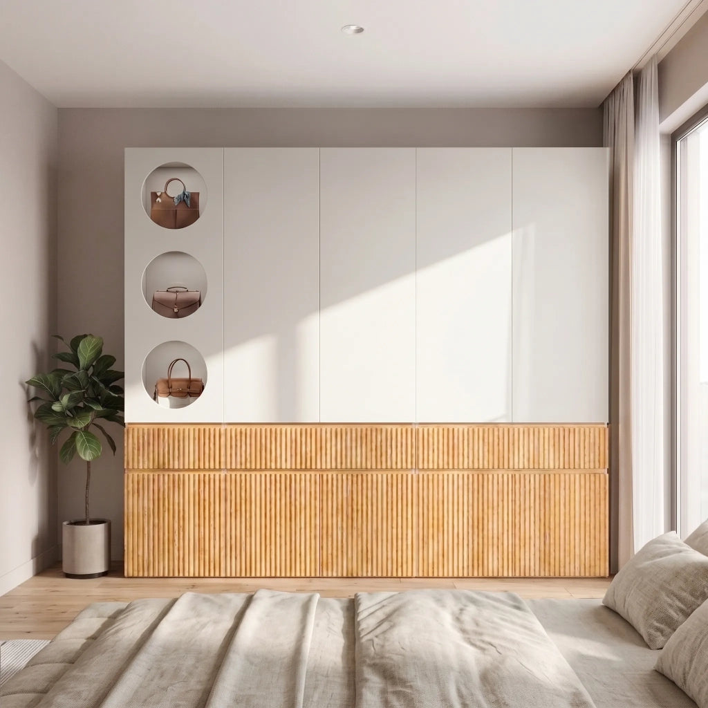 Armadio 10 ante, 225x50x200 cm, 2 appendini e 3 cassetti, rovere chiaro, moderno per camera, corridoio, cameretta o ufficio