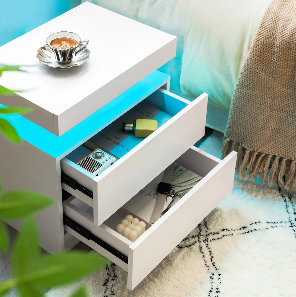 Set di 2 Comodini Moderni con LED Regolabile, 2 Cassetti, Bianco per Camera da Letto