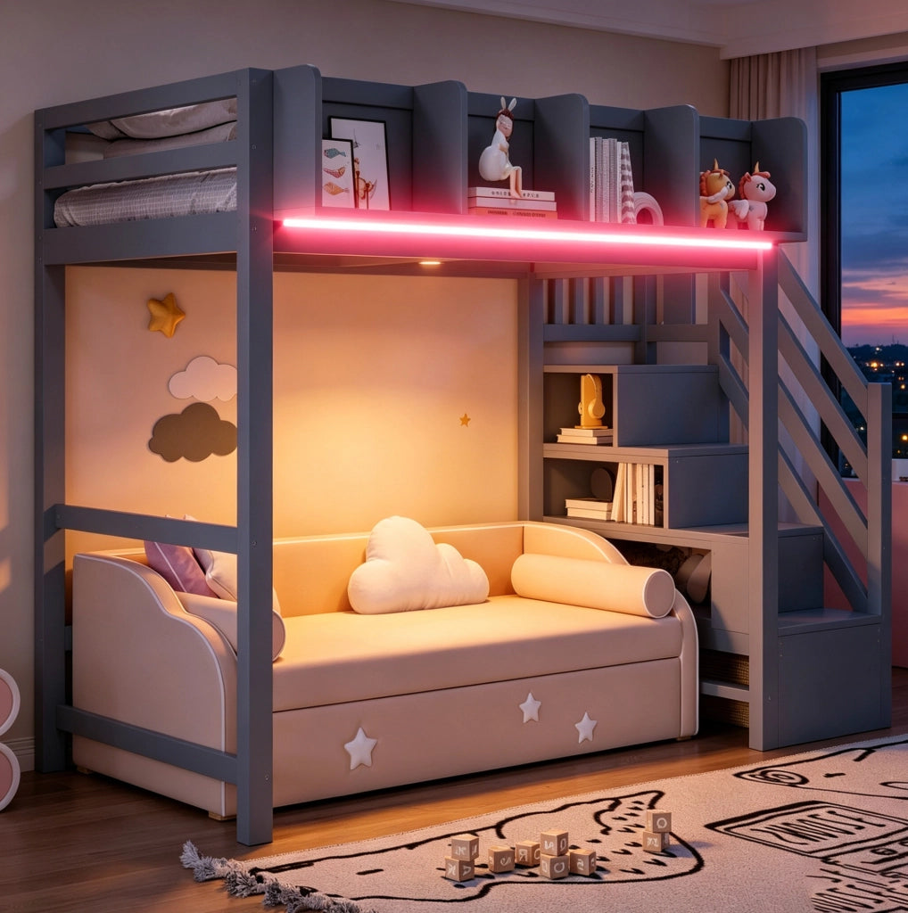 Letto a soppalco 90x200 cm grigio in legno con LED e scala