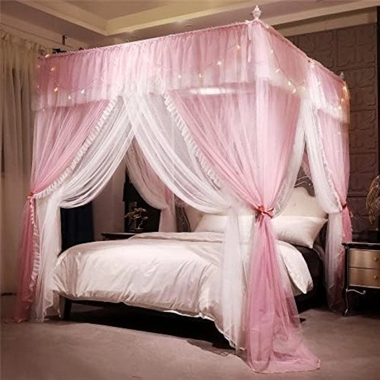 Letto da Giardino con Ruches - Ombrellone Quadrato con 4 Aperture - Rete a Mosche doppia a doppia - Romantico e Soffice - Rosa/Bianco - 180x210 cm