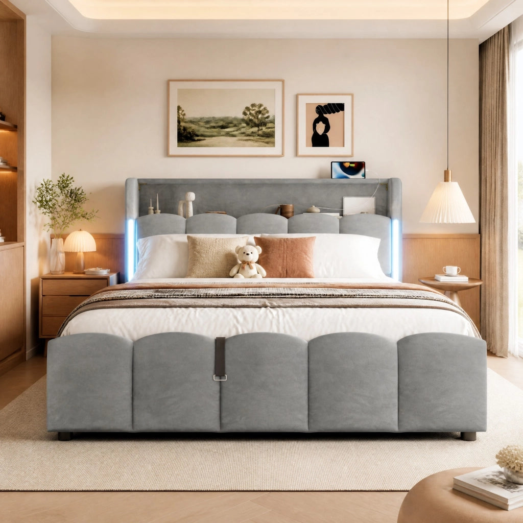 Letto matrimoniale 140x200 cm con contenitore idraulico; LED e USB-C; velluto grigio
