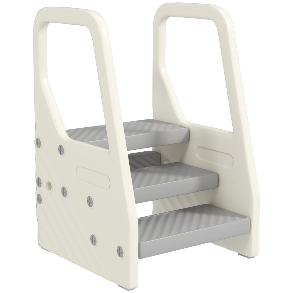Sgabello per Bambini 2-5 Anni a 3 Gradini in HDPE, 43x42x65.5 cm, Grigio e Bianco Crema