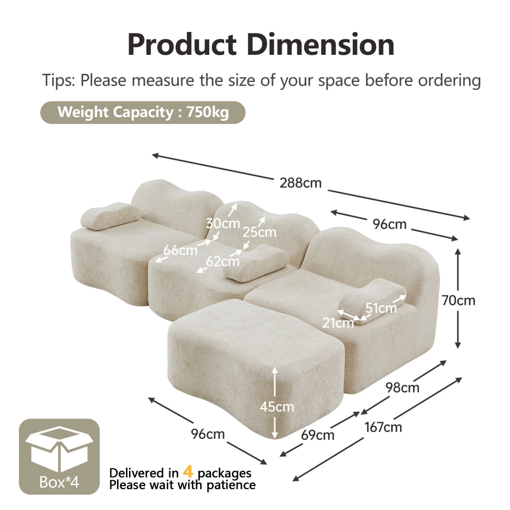 Divano angolare modulare 3 posti con pouf, seduta profonda e braccioli mobili in velluto beige