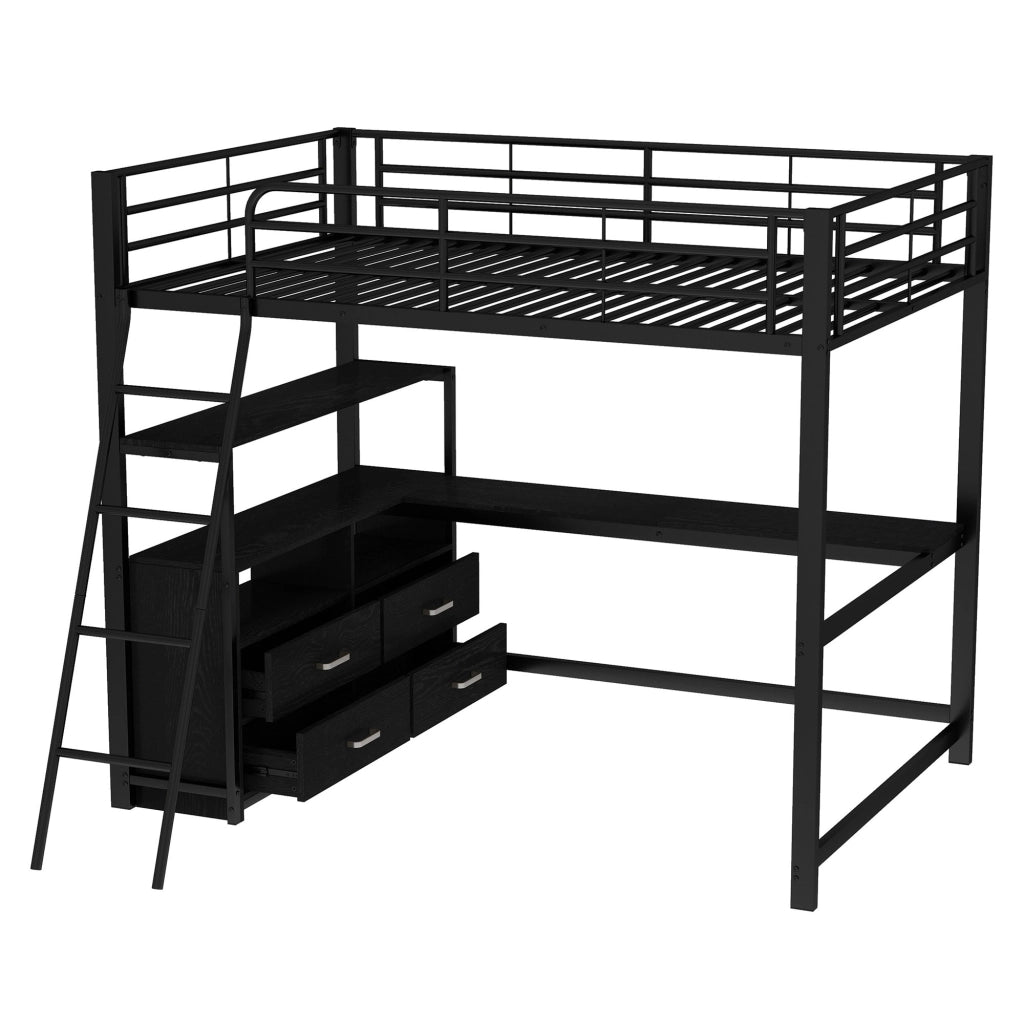 Letto a Soppalco 140x200 cm in MDF e metallo con Scrivania; Cassetti Nero