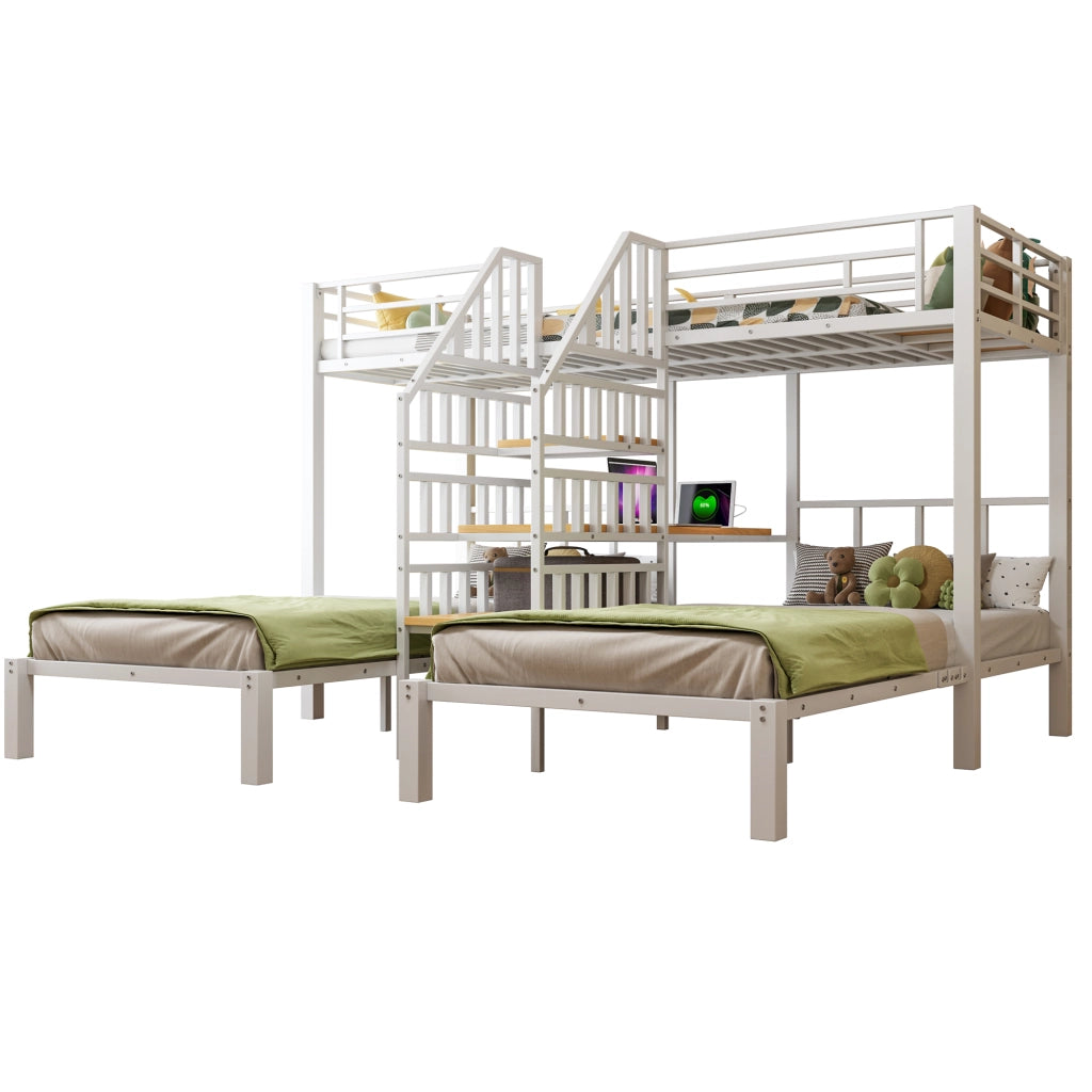 Letto a castello 90 × 200 cm 3 posti con LED; scaletta contenitore; scrivania; USB e presa; senza materasso; bianco