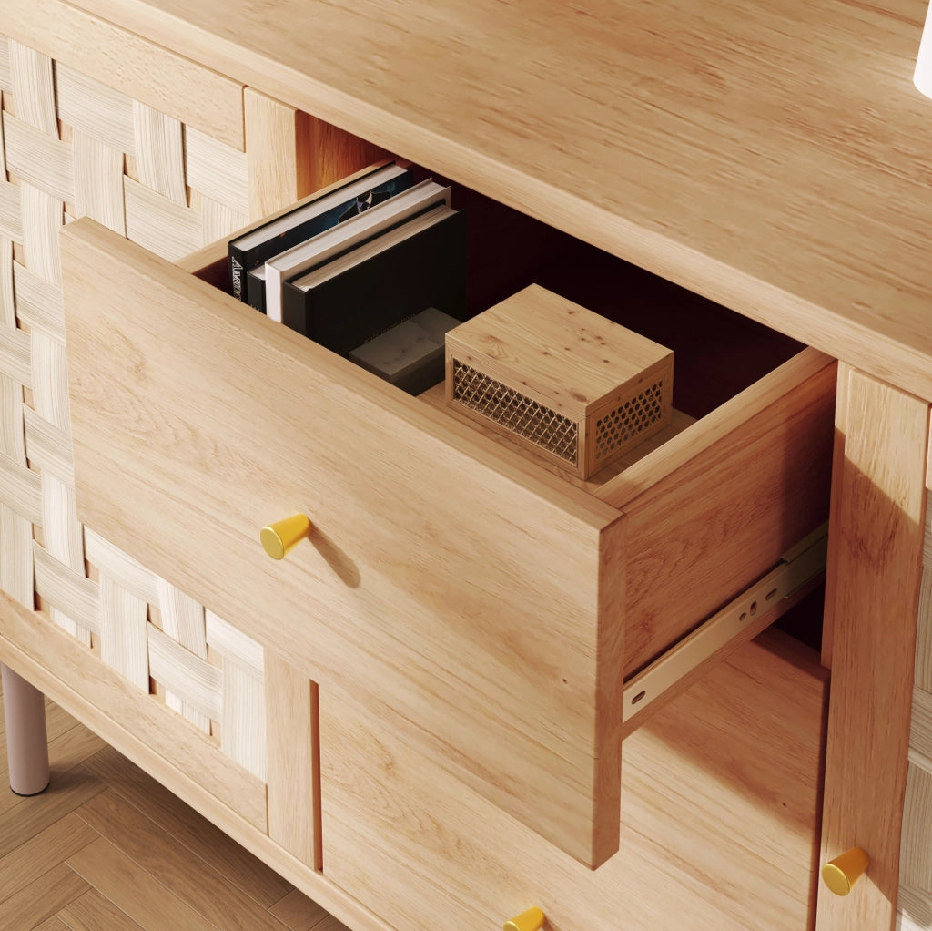 Credenza 120x40x75 cm con 2 ante; 3 cassetti e ripiani regolabili effetto rovere HOMVRA