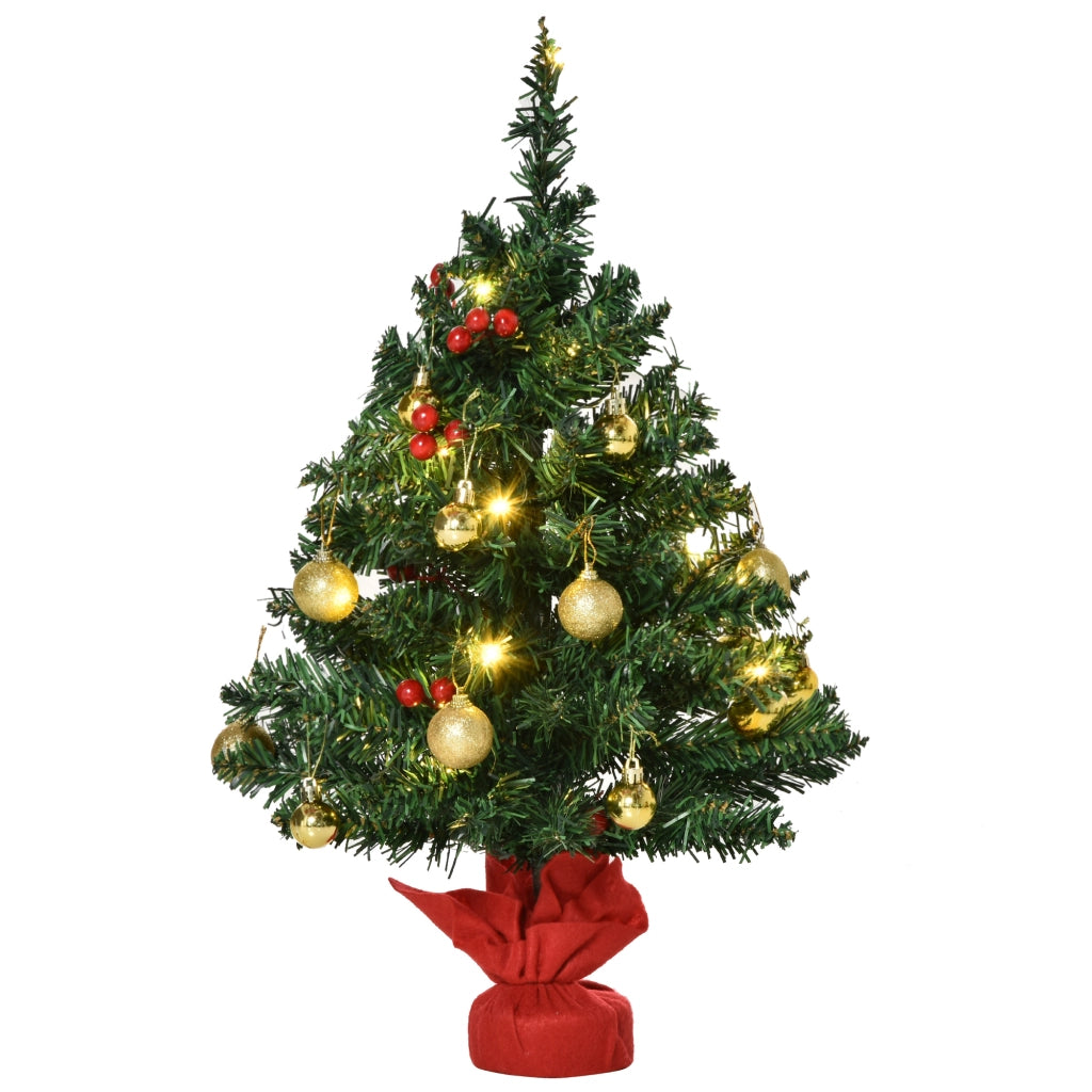 Albero di Natale artificiale da tavolo con 15 luci LED e 16 palline in PVC verde, 60 cm, a batteria
