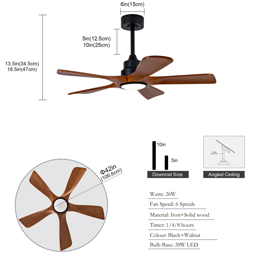 Ventilatore a soffitto 42 pollici con 5 pale in legno di Paulownia, luce LED dimmerabile e telecomando, 6 velocità, funzione inversione, adatto per soggiorno e patio