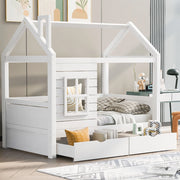 Letto a casetta 80 × 160 cm con cassetti e finestre in legno di pino bianco con rete a doghe inclusa