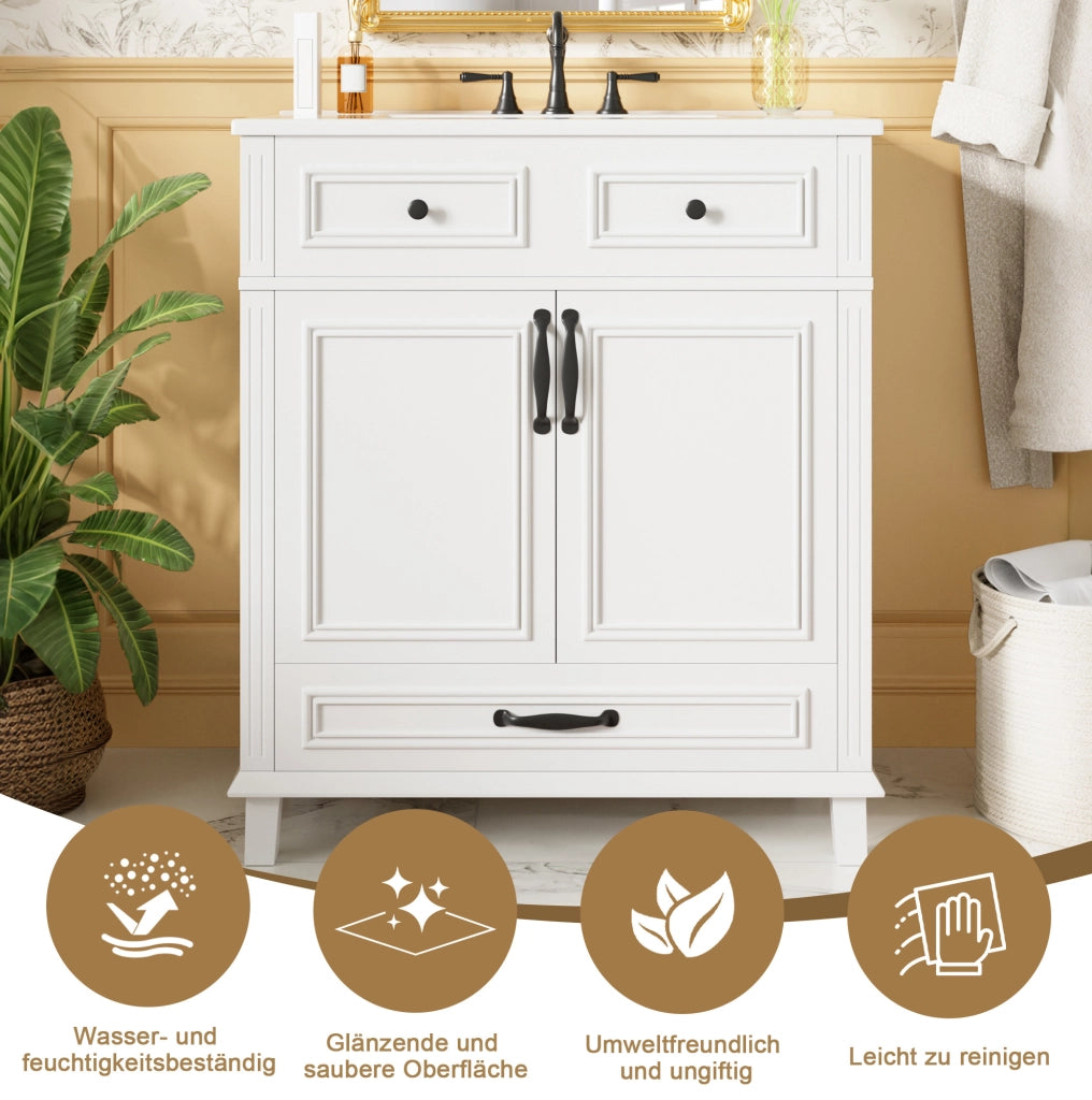 Mobile da bagno bianco, 77x46x86 cm con lavabo in ceramica integrato e 9 scomparti