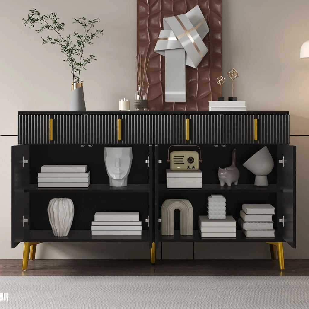 Sideboard 140x38x82 cm, 4 ante, 4 cassetti, gambe e maniglie oro, ripiano in laminato rimovibile, per soggiorno e sala da pranzo
