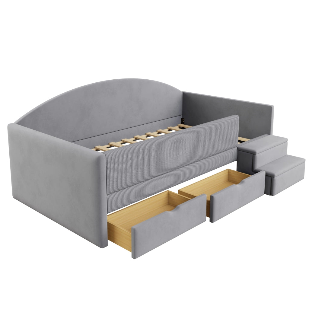 Letto per bambini 90 × 190 cm con 2 cassetti; barriere e gradini; senza materasso; imbottito grigio chiaro