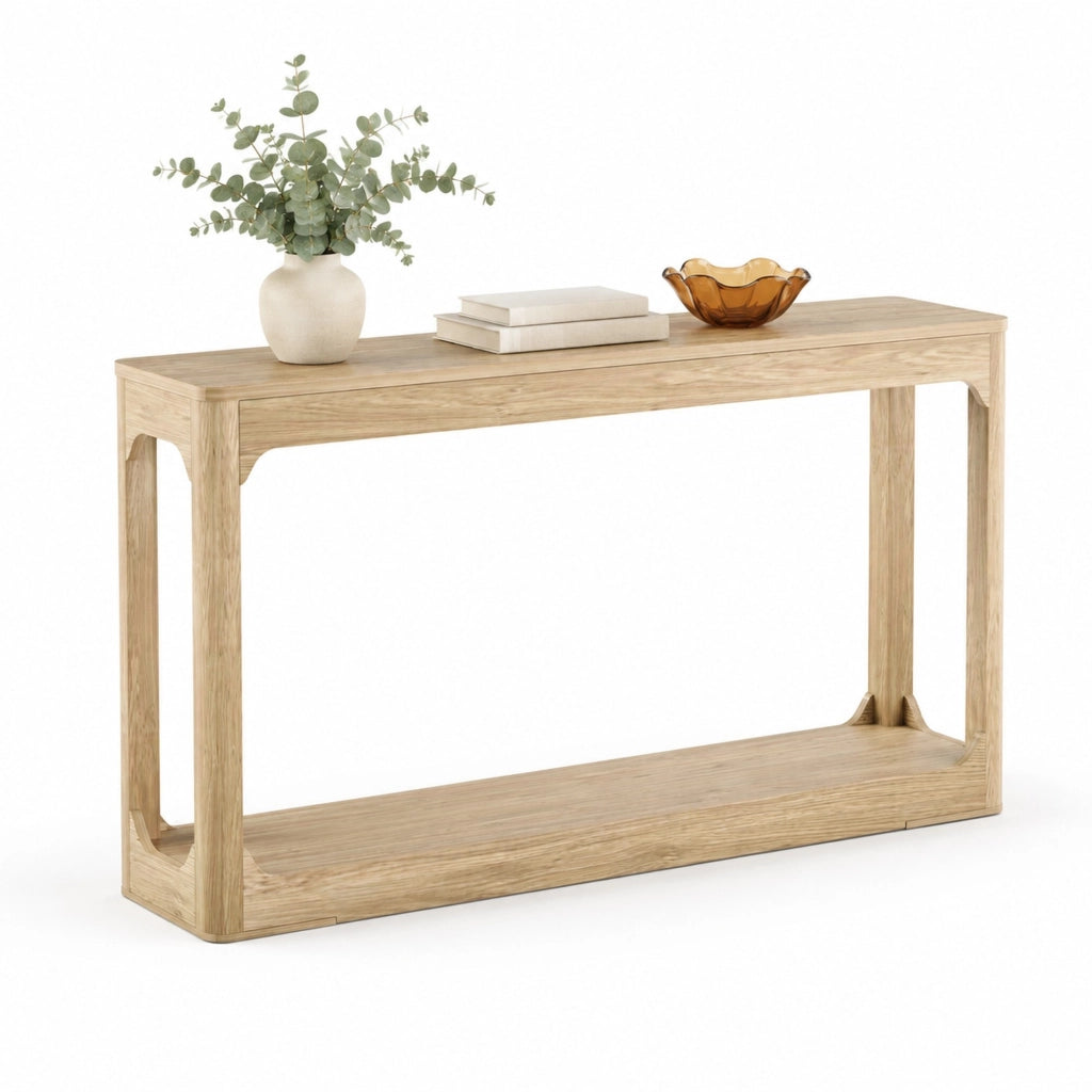 Tavolo consolle stretto 140 cm con ripiani aperti in MDF naturale HOMVRA