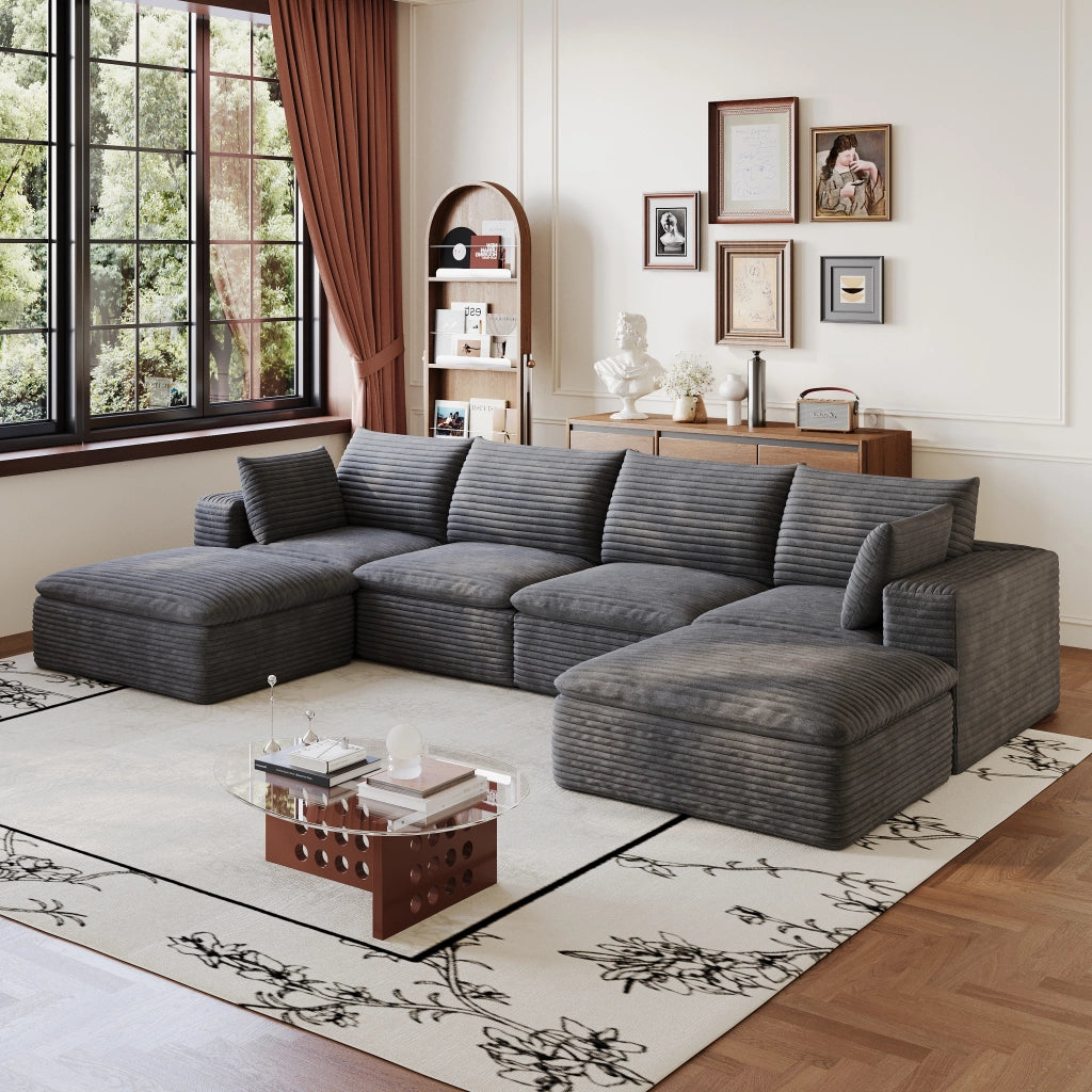 Divano modulare in tessuto grigio scuro con imbottitura in schiuma e design componibile