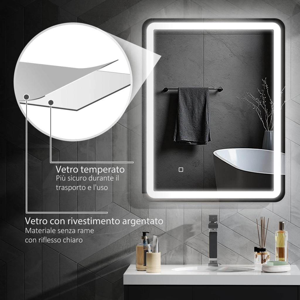 Specchio Bagno 70x90 cm LED Touch con Luce Dimmerabile a 3 Temperature e Antiappannamento