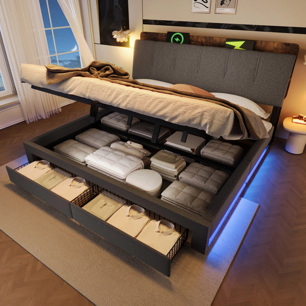 Letto contenitore 180 × 200 cm matrimoniale con 2 cassetti; USB; Type-C e LED regolabile; senza materasso; grigio