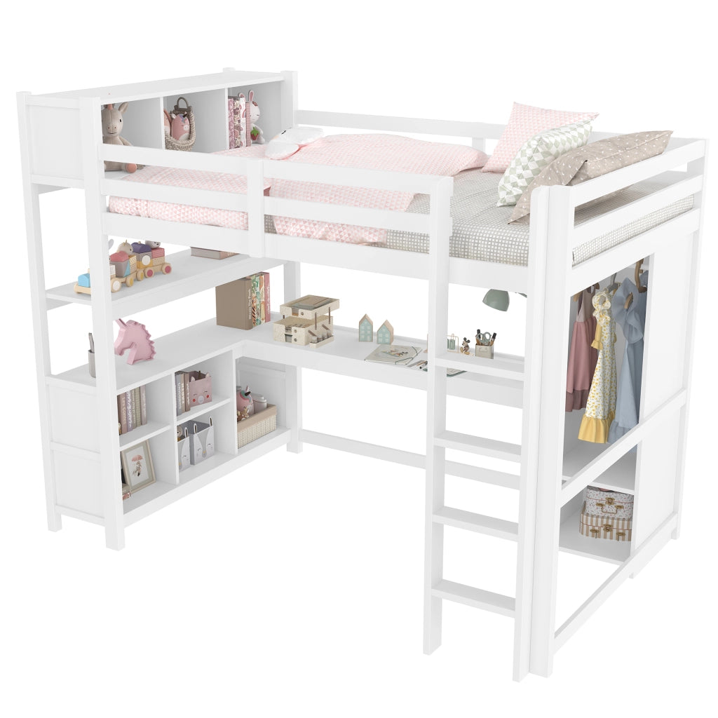 Letto a soppalco per bambini 140x200 cm con scrivania; armadio; mensole e vani portaoggetti; salvaspazio; bianco