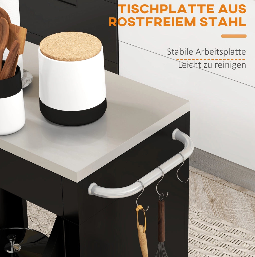 Carrello da cucina nero con ruote, armadietto, 6 ganci e piano in acciaio inox 86x50x86,5 cm