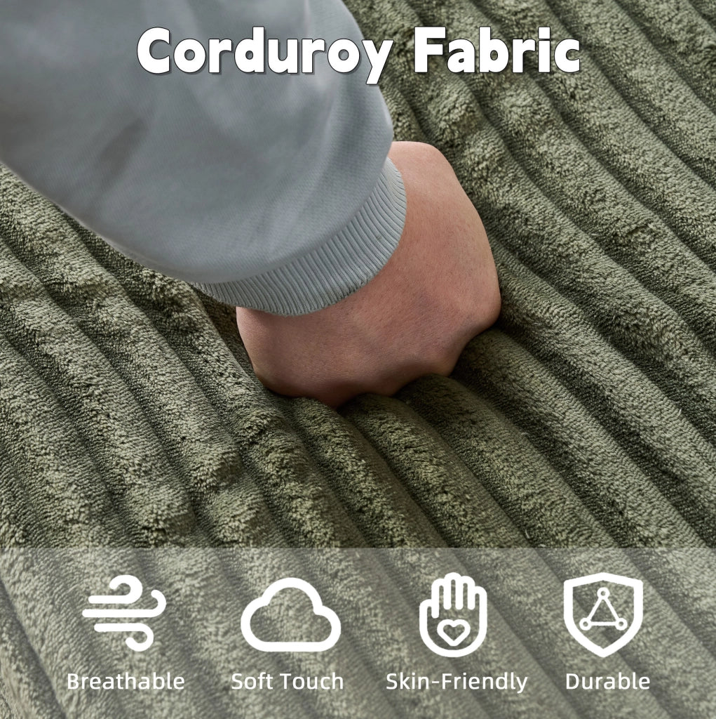 Divano da pavimento ULEVR con chaise longue, 3 cuscini, portabicchieri e cuscino coperta 2 in 1, velluto a coste verde