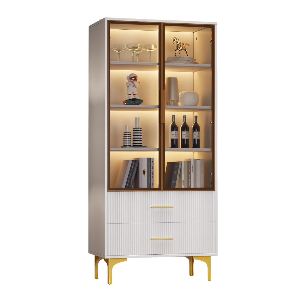 Vetrina elegante in bianco con ante in vetro tea, LED colorato e gambe dorate 70x35x150 cm