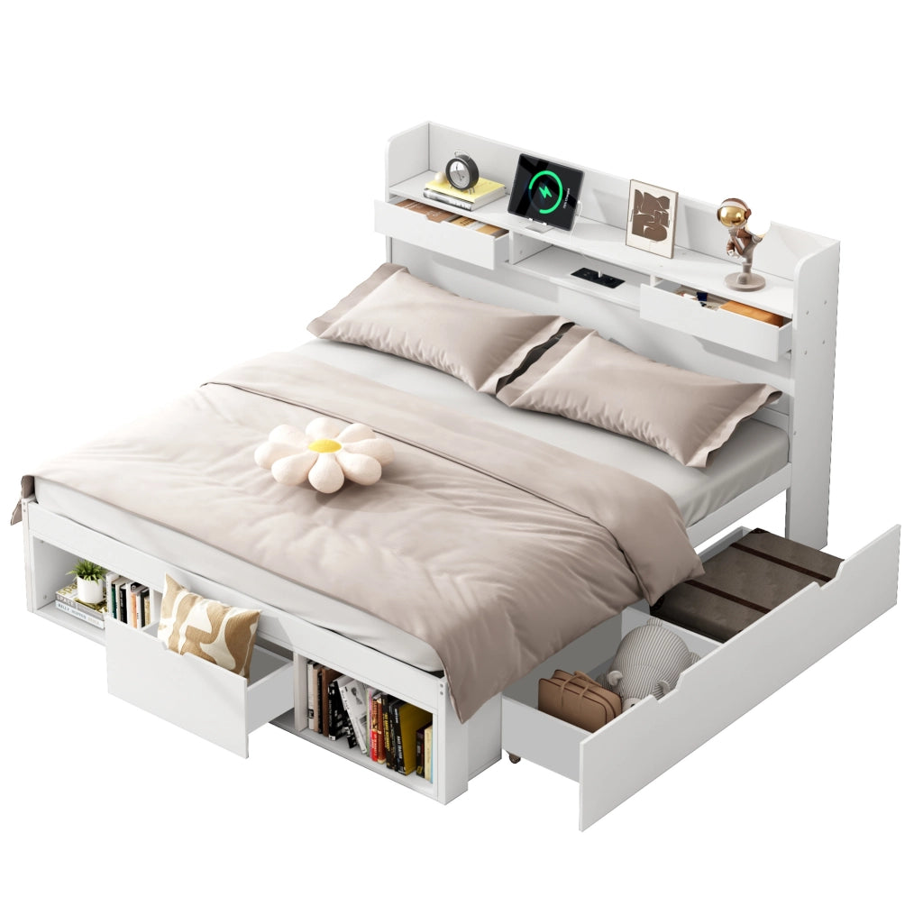 Letto matrimoniale 160x200 cm con porta USB, cassetti e armadietto, struttura in MDF e compensato, capacità fino a 200kg, bianco, senza materasso