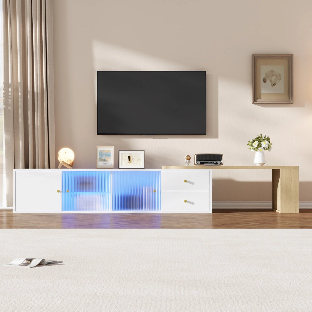 Mobile TV ULEVR estensibile 175x40x35,5 cm con LED RGB, 2 cassetti e ante scorrevoli in vetro, bianco e naturale