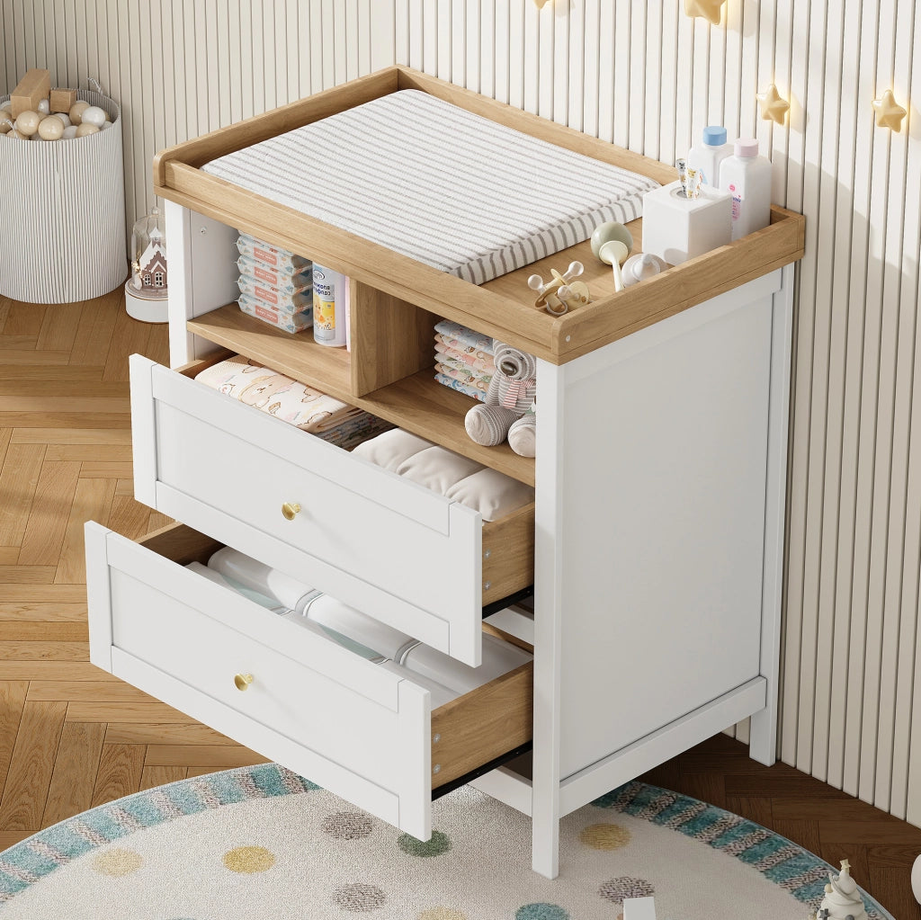 Fasciatoio trasformabile in MDF naturale e bianco con cassetti