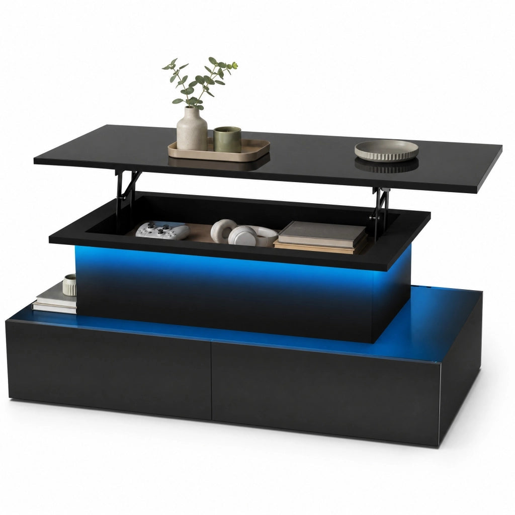 Tavolino da caffè LED 90x55x41 cm nero in truciolare con 4 cassetti