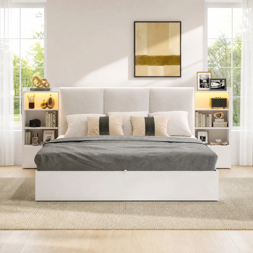 Letto contenitore 180 × 200 cm con testiera imbottita 6 vani LED regolabili struttura in MDF e compensato bianco