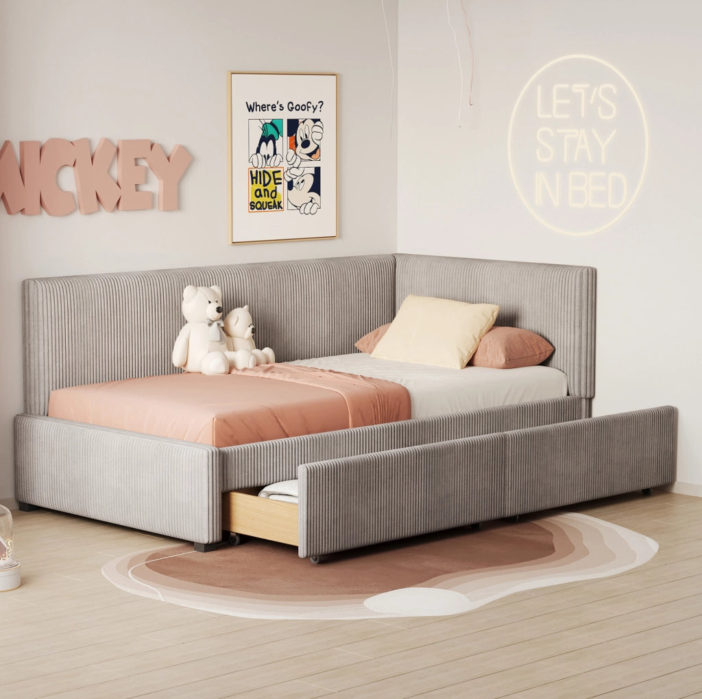Letto singolo imbottito 90x200 cm con 2 cassetti contenitore, grigio