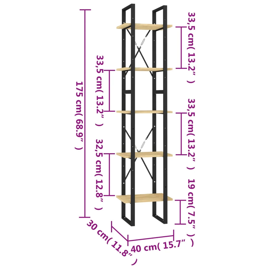 Libreria a 5 Ripiani-Scaffale per Libri-Mobile di Stoccaggio Marrone 40x30x175 cm in Legno di Pino
