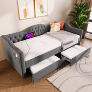 Letto daybed imbottito 90x200 cm grigio con USB e Type-C; 2 cassetti e tasche laterali; struttura in acciaio; legno e MDF; senza materasso