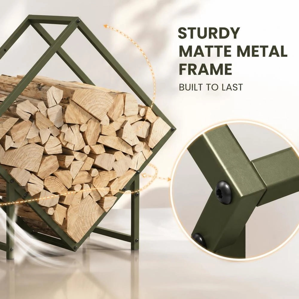 Porta legna verde oliva, 60x25x60 cm, in acciaio laminato a freddo – robusto e resistente, ideale per esterni, giardino e camino, pratico e durevole
