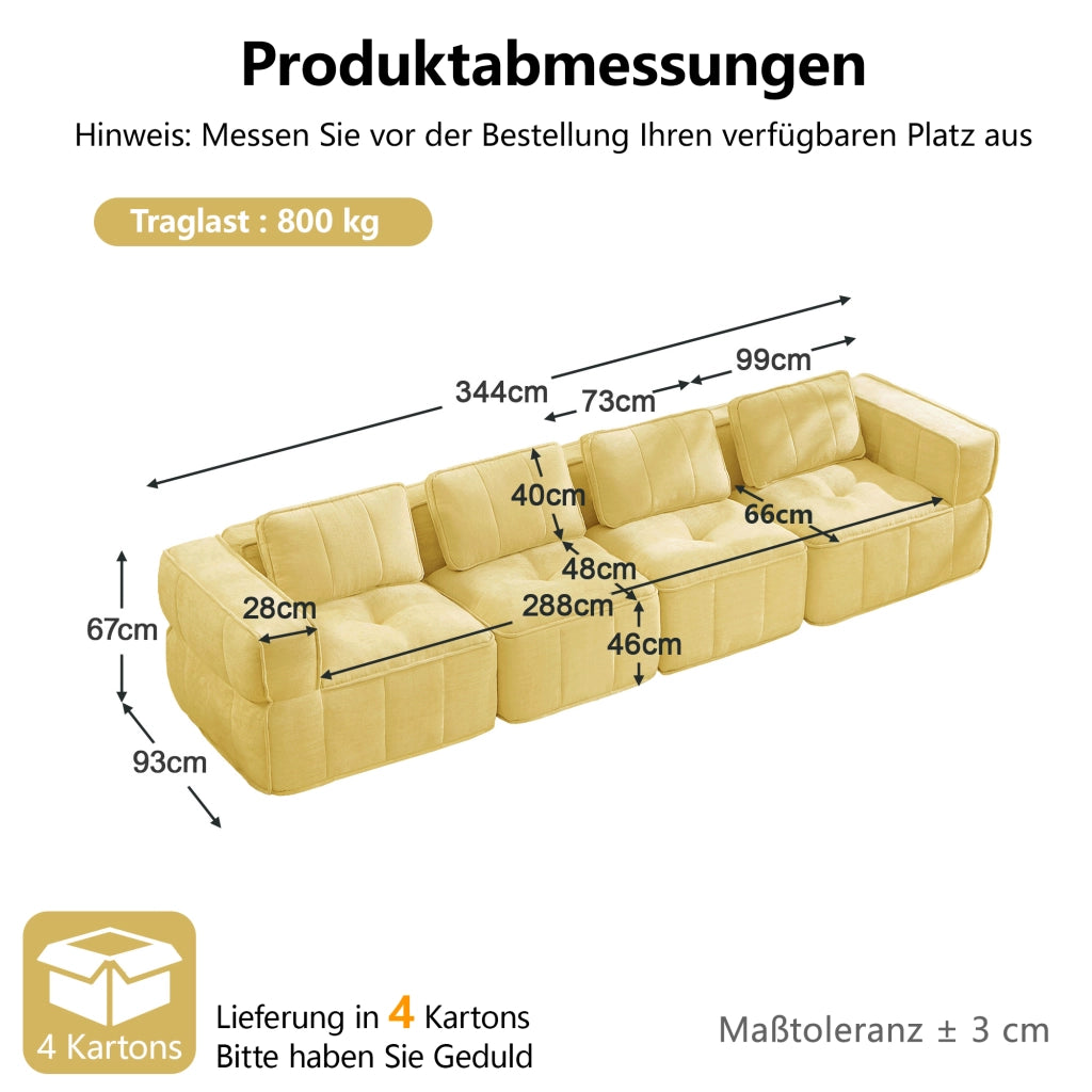 Divano modulare 4 posti con seduta profonda e base antiscivolo in poliestere giallo 344 × 93 × 67 cm